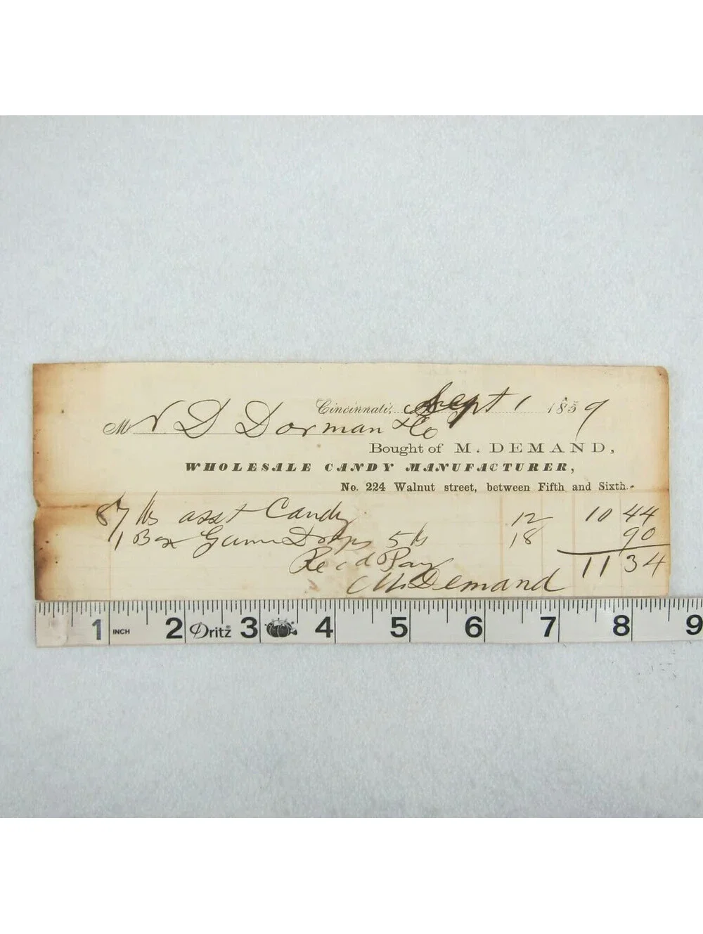 Antique 1859 M. Demand Wholesale Candy Manufacturer Cincinnati Receipt Invoice